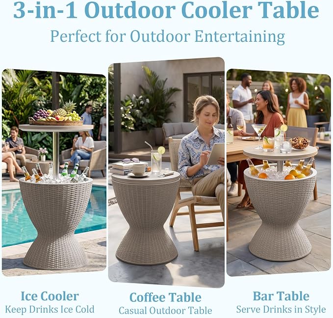 Outdoor Side Table, Cooler Bar Table, Weather Resistant Patio End Tables, Patio Furniture for Garden, Porch, Pool, Lawn, Backyard or Indoor