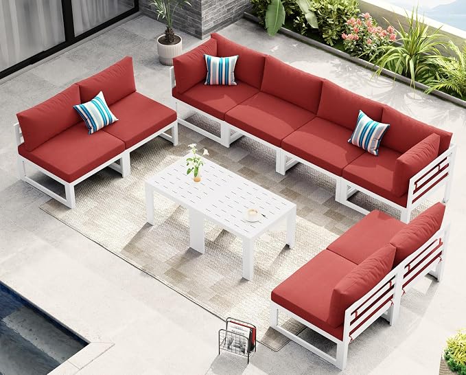 NICESOUL 8 Seat XL Oversized Modern Aluminum Patio Furniture Set, Weather Resistant Modular Sectional Sofa with Coffee Table, 500 lbs Heavy Duty Comfortable Outdoor Sitting for Exterior Backyard, Red