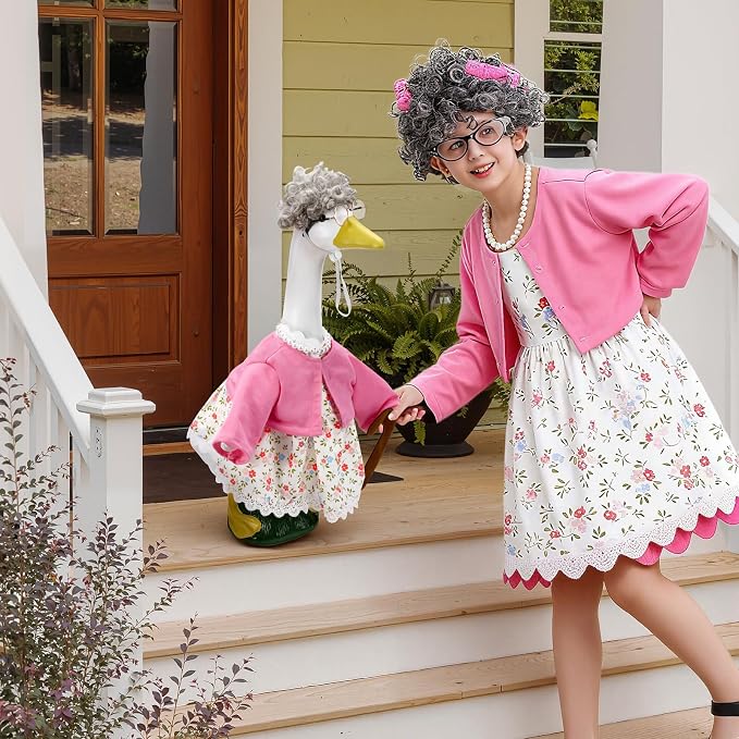 1 Set Old Lady Porch Goose Outfit for 23 Inch Goose Statues | Includes Grandma Goose Clothes with Cane, Silver Wig, Glasses and Faux Pearl Necklace for Summer Yard and Garden Displays