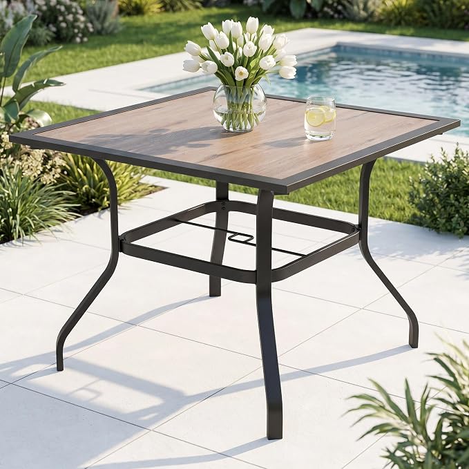MFSTUDIO 37" Square Backyard Bistro Table Patio Dining Table Outdoor Furniture Garden Table, Imitation of Wooden Surface Top, 1.57” Umbrella Hole, Gray Frame