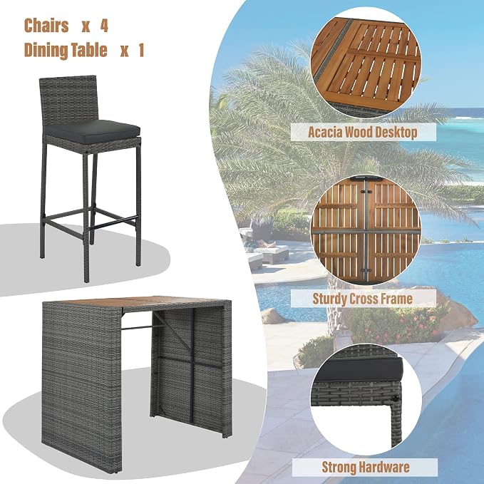 VilroCaz 5-Pieces Outdoor Patio Rattan Counter Height Dining Set, All-Weather Wicker Bar Table Set Conversation Set, Acacia Wood Table Top, Bar Height Chairs with Removable Cushion