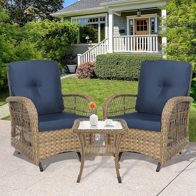 3-Piece Patio Wicker Conversation Bistro Set, All-Weather Gliding Rocking Chairs with Thickened Cushions and Glass Top Table, Outdoor Rattan Furniture Sets for Porch Garden, Navy Blue