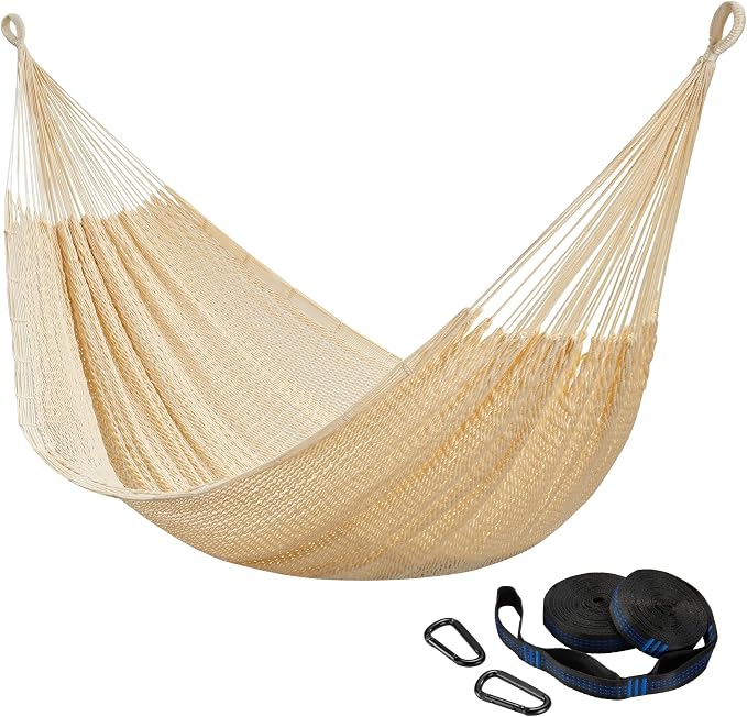 CHULIM Handwoven Mayan Hammock with 10ft Tree Straps, 550lbs Capacity Soft Rope Double Hammock, Portable Outdoor Hammock with Carry Bag for Camping Backyard Beach - Natrual White