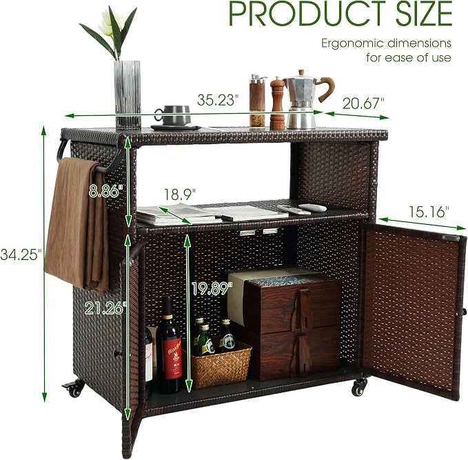 HOMEFUN Outdoor Bar Cart with Storage Cabinet - Outside Bar Table with Wheels Wicker Grill Carts Patio Kitchen Island Table Weatherproof Prep Stand, Brown