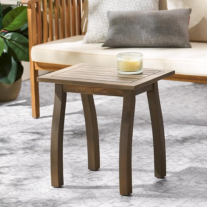 Acacia Wood Outdoor Side Table, Weather Resistant Slatted Design Patio Coffee End Table, Decorative Decorated Accent Table for Balcony Beach Poolside, Natural Stained (Natural Stained + Acacia Wood)