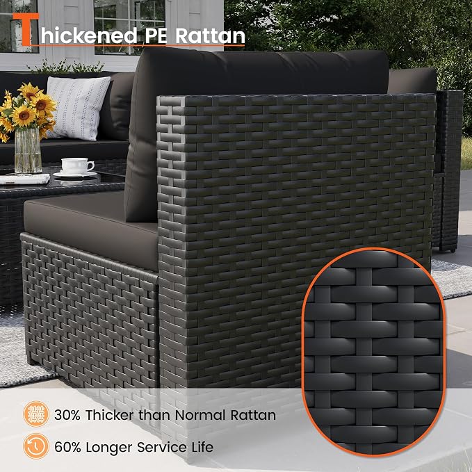 Patio Furniture Set, 7-Piece Outdoor Sectional All-Weather Wicker Patio Conversation Set for Backyard, Poolside, Garden, Black