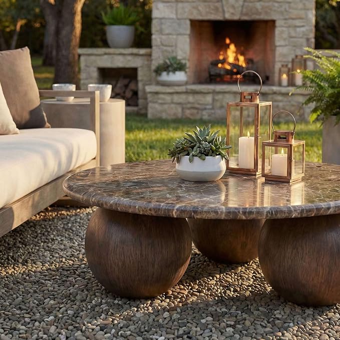 Modway Pietra Modern Sculptural Indoor/Outdoor Round Coffee Table in Dark Emperador Marble – Faux Marble Top with Three Ball Pedestal Legs – Contemporary Round Accent Table