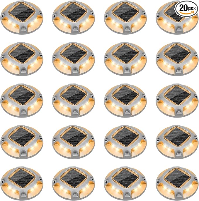 VOLISUN Solar Driveway Marker Lights Dock Marine Led Deck Outdoor 20 Pack | 2 Colors in 1,Solar Powered Waterproof Warning Step Lights for Pathway Garden Sidewalk(White/Warm White)