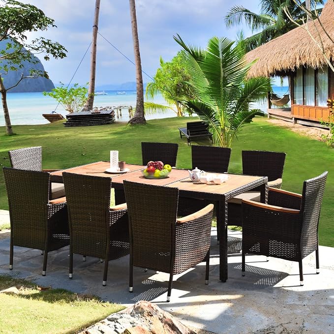 9 Piece Outdoor Dining Set, Patio Dining Set with Acacia Wood Table Top, Armrest & Umbrella Hole, 9 PCS Poly Rattan Dining Table Chairs Conversation Set for Outdoor and Indoor (Brown)
