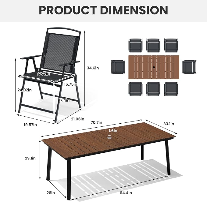 Crestlive Products 9 Piece Patio Dining Set, 70" Walnut Metal Outdoor Table and 8 Folding Chairs, with Umbrella Hole for Porch Poolside Yard Garden, Black