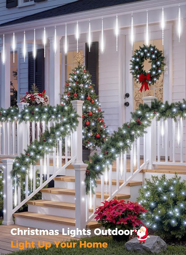 Brightown Christmas Lights Outdoor, 16 Inch 10 Tube 360 LED Icicle Lights | Connectable Meteor Shower Light Outdoor, Hanging Falling Rain Light for Tree Outside Holiday Xmas Decoration, White