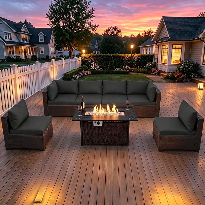 LEVELEVE 8-Piece Wicker Patio Conversation Set with 44" Propane Fire Pit Table, Cozy Outdoor Sectional Sofa for Backyard Gatherings, Poolside Lounging & Garden Parties