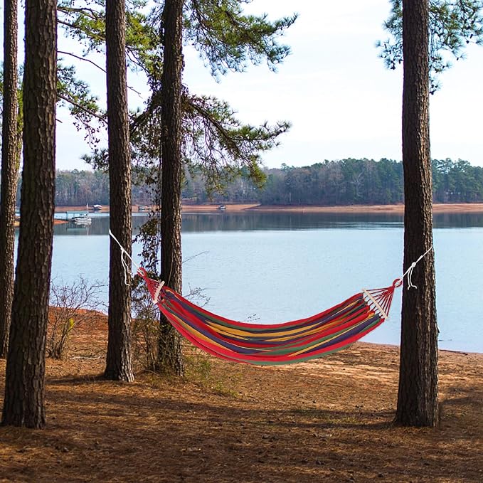 Kichvoe Double Anti-roll Camping Hammock for Two with Wide Striped Canvas and Duckbill Buckle, Outdoor Garden and Yard Use, Portable Sturdy Hanging Bed for Hiking and Patio Relaxation
