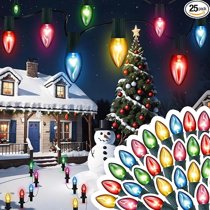TIORIY Christmas Pathway Lights Outdoor 29ft, 25 Packs C9 Christmas Walkway Lights with Stakes for Outside, Multicolor Xmas Pathway Lights for Christmas Outdoor Decorations