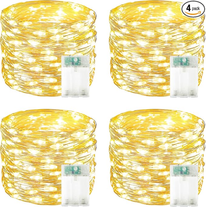 4 Pack 60 LED Fairy Lights Battery Operated with Timer, 20 FT String Lights | Cuttable Copper Wire, Waterproof Battery Lights for Indoor Outdoor, Wedding, Centerpiece, Bedroom, DIY, Christmas Decorations