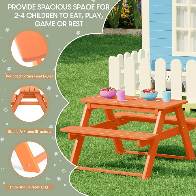 WestinTrends Malibu Outdoor Patio and Indoor Kids HDPE Plastic Picnic Bench Table, Orange