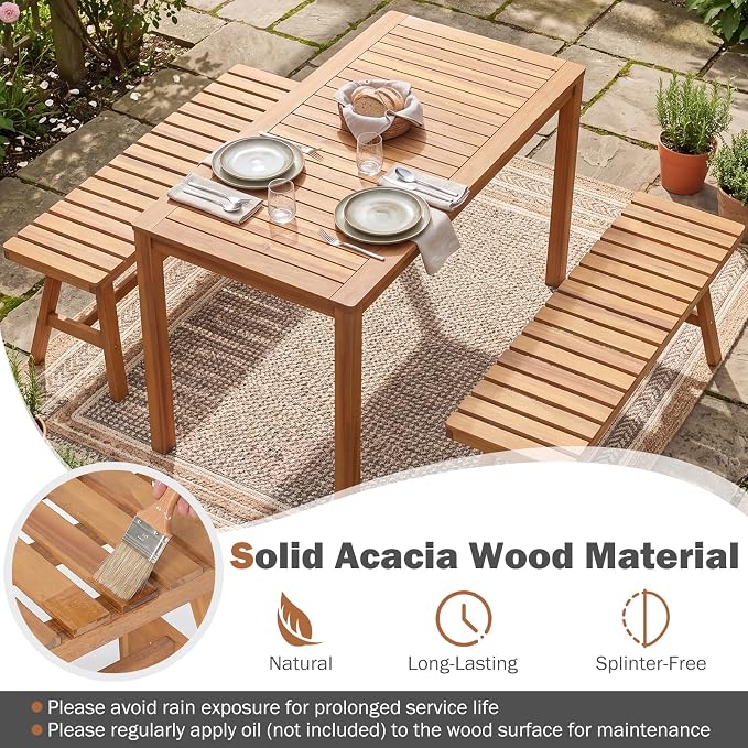 HAPPYGRILL Acacia Wood Patio Dining Table for 4-6, Outdoor Table with Slatted Tabletop, Rectangular Outside Table for Garden Balcony Deck