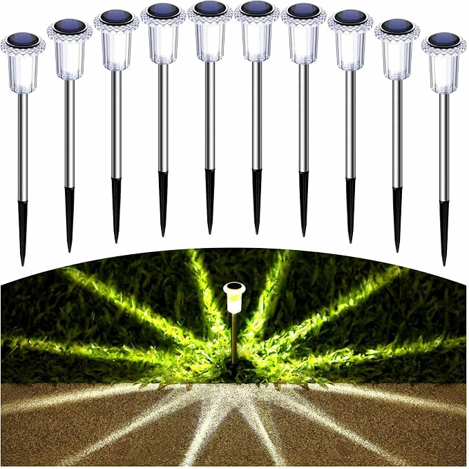 15 Pack Solar Lights Outdoor Waterproof Pathway Lights, Warm White | Stainless Steel Stake Lights for Yard Garden Walkway Driveway Sidewalk Lawn Landscape Path Outside LED Auto On/Off, Acrylic