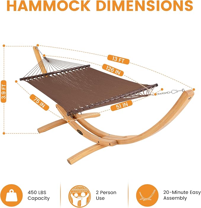 Lazy Daze Hammocks 2 Person Caribbean Rope Hammock with Wood Stand, 10.5FT Polyester Hammock with Spreader Bars, 13FT Heavy Duty Stand Combo, 450 LBS Capacity for Outdoor Backyard Poolside, Browm