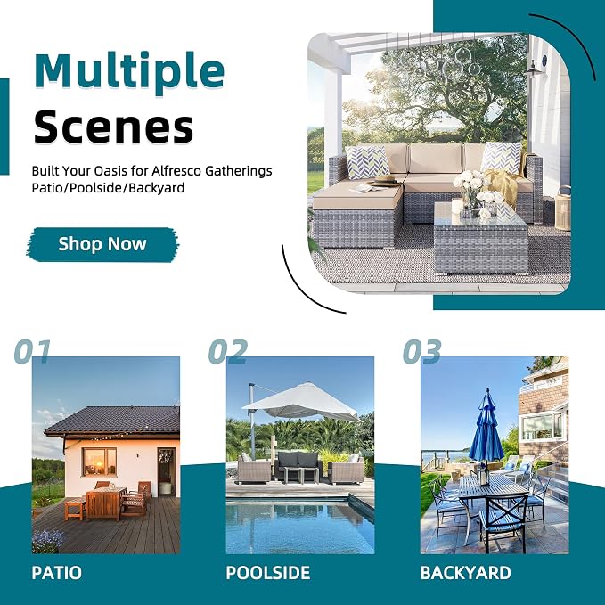 SUNLEI Outdoor Furniture Patio Sets,Low Back All-Weather Small Rattan Sectional Sofa with Tea Table&Washable Couch Cushions & Wicker Upgraded (Silver Rattan)(Khaki)