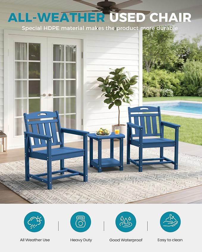 Ciokea Outdoor Patio Dining Chair, HDPE Oversized Porch Chairs with Wide Seat, All-Weather Durable Heavy-Duty Outdoor Furniture for Backyard, Poolside, Lawn & Garden, NavyBlue