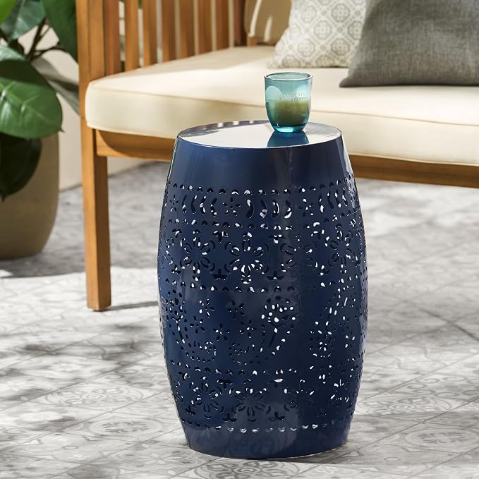 12" Outdoor Side Table, Metal Cutout Drum Side Table, Patio Garden Stool | Coffee End Tables for Small Spaces, Living Room, Backyard, Poolside