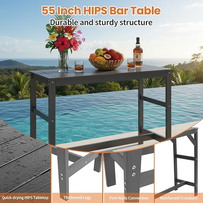 5Pcs HIPS Outdoor Bar Set, Weatherproof Patio Bar Table and Chairs Set for Outside, 55" Rectangular High Top Bar Table with 4 Bar Stools for Patio, Poolside, Balcony, Hot Tub, Black