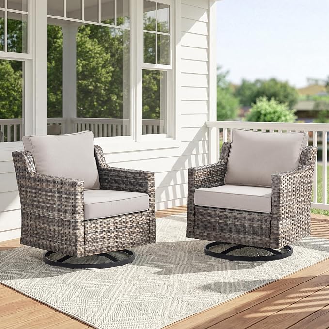 Belord Patio Wicker Swivel Rocker Patio Chairs, Outdoor Rattan Chairs for Deck Porch Garden, 2 Piece Luxury Patio Furniture Set, Beige