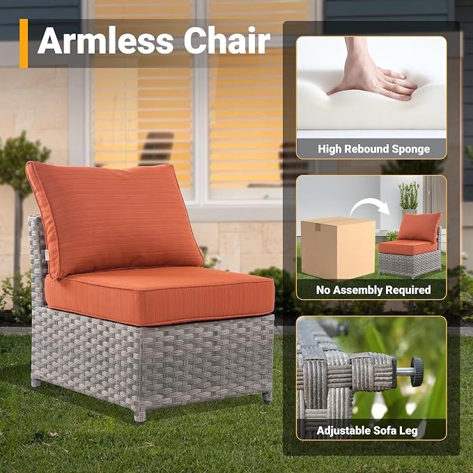 CAODOC 12 Pieces Outdoor Furniture Patio Sectional Sofa Couch Gray PE Wicker Conversation Sets with Ottomans Glass Coffee Table for Garden Poolside Backyard