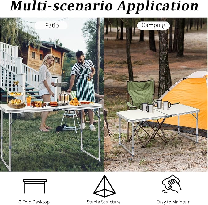 Aluminum Folding Camping Table,4ft Portable Folding Outdoor Table, 3 Adjustable Heights Lightweight Aluminum Table, with Carry Handle for Camping, Beach, BBQ,，Party，Camp Kitchen