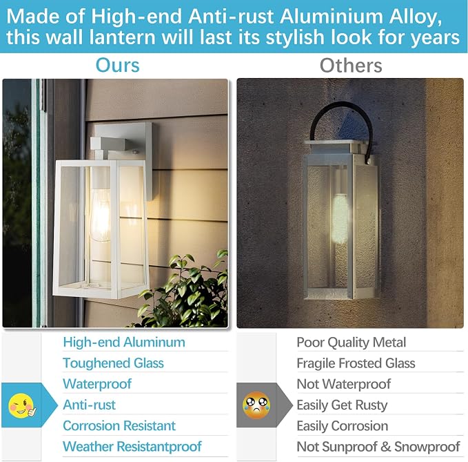 MAXvolador Outdoor Wall Sconce, Large Exterior Waterproof Wall Lantern Light Fixture, White Porch Lights Glass, Anti-Rust E26 Patio Lighting, 2 Pack | Large White Porch Wall Lights, Anti-Rust, E26 Socket, Clear Glass Outside Wall Mount Sconces, Front D...