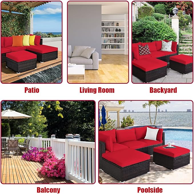 DORTALA 5 Pieces Patio Rattan Furniture Sets, Sectional Sofa Conversation Set w/Steel Frame & Sponge Cushions, Modern Wicker Combination Sofa Set w/Ottoman & Table for Garden Lawn Balcony, Red