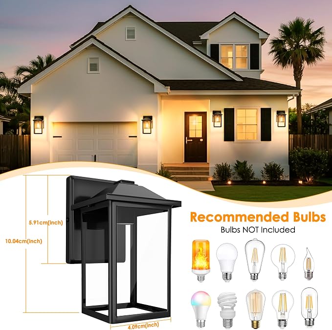 MATAMEYE Outdoor Wall Light Fixture, Exterior Waterproof Porch Lighting | Large Black Patio Wall Lantern, Anti-Rust, Clear Glass, E26 Socket, Wall Mount Sconce Lighting, Outside Front Door Light