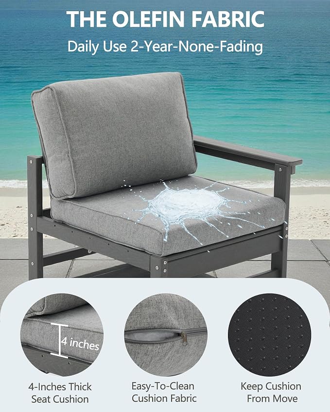HDPE Outdoor Patio Furniture Set, 4-Piece Sofa Set with 3-Seat Couch & Coffee Table, Weatherproof Conversation Set with Cushions, All-Weather Waterproof, for Garden, Porch & Backyard