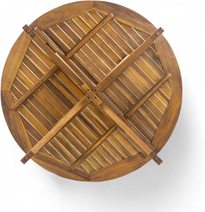 Christopher Knight Home Abact Acacia Wood Patio Dining Set for 4, Solid Wood Outdoor Dining Table Set for 4, Round Dining Table and Chairs Set of 4 with Cushion, Teak+Beige