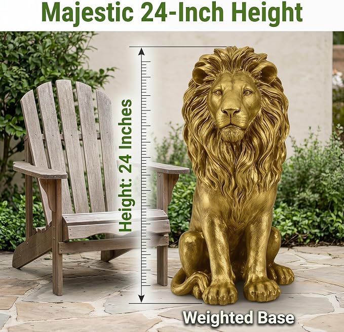 24" Majestic Lion Garden Statue, Gold | Regal Guardian Sculpture, Front Entry & Patio, Golden Resin, Weighted Base for Stability