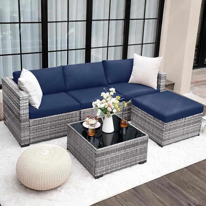 UDPATIO 5 Piece Patio Furniture Set, All-Weather Wicker Outdoor Sectional Sofa, L Shaped Outdoor Conversation Couch with Ottoman, Glass Table for Balcony Porch Backyard, Blue 5PCS