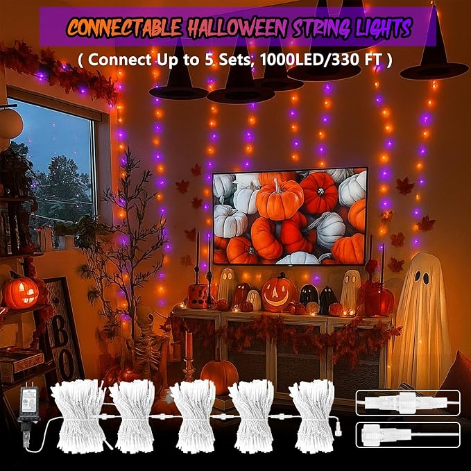 200 LED Connectable String Lights, 66FT Christmas Lights Outdoor Indoor | Orange & Purple, 13 Modes, Timer, Clear Wire Waterproof Twinkle Fairy Lights Plug in for Halloween Bedroom Patio Tree Decor