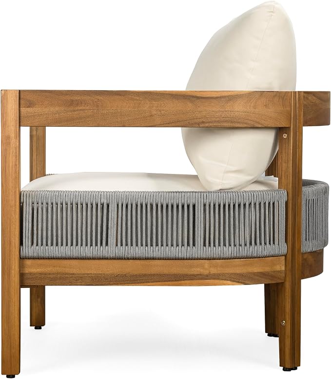 Merax 27.5" Outdoor Curved Accent Chair with All-Weather Cushions Set of 2, Acacia Wood Frame Single Club Chair for Porch, Lawn, Backyard, Balcony, Teak+ Beige