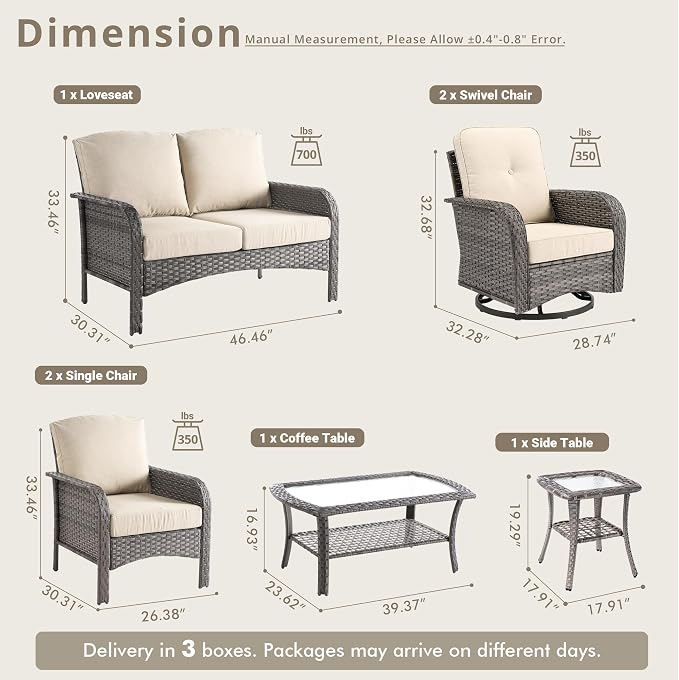 Weaxty Wicker Patio Furniture Set with Swivel Rocker Chairs Outdoor Loveseat Sofa and Rattan Coffee Table, 5 Pieces Outdoor Conversation Sets for Patio Porch Deck Backyard Poolside, Black