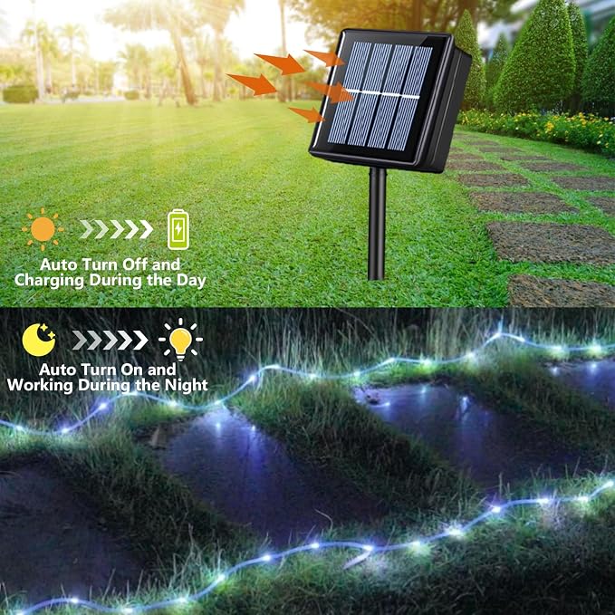 QITONG Solar Rope Lights Outdoor Waterproof, 66ft 200 LED String Lights, 8 Modes Fairy Lights in Clear Thin Tube (White)
