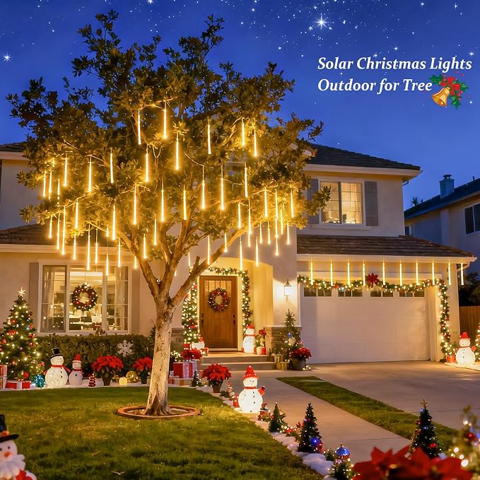 JMEXSUSS Solar Meteor Shower Lights Outdoor, 8 Tube 144 LEDs | Warm White Solar Christmas Lights for Tree Eave Xmas Holiday Party Patio House Wedding Decor