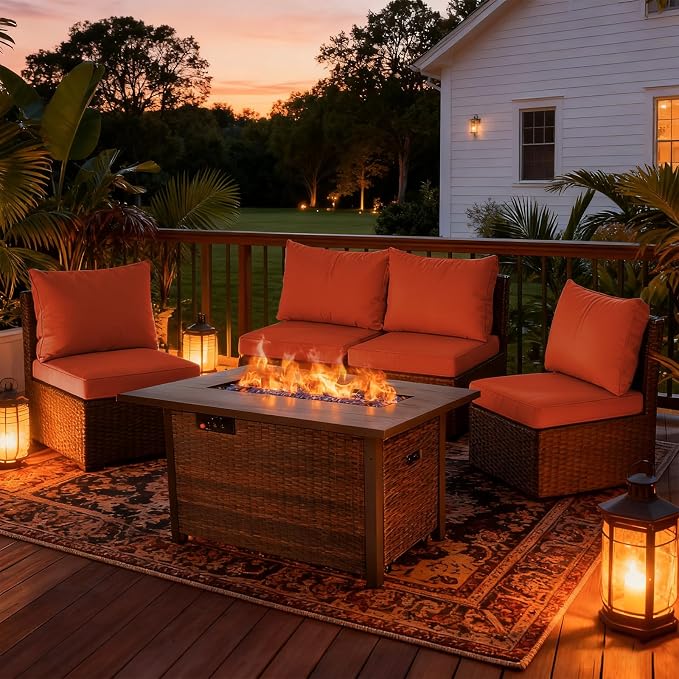 5 Pieces Patio Furniture Set with 42" Fire Pit Table, Outdoor Patio Sectional Sofa, Wicker Rattan Conversation Set, Red