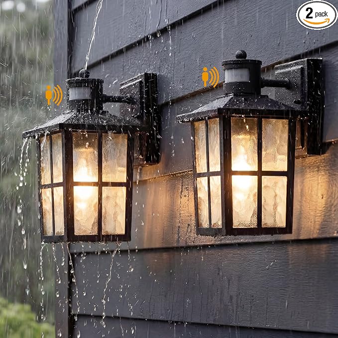 KDG Black Outdoor Motion Sensor Modern Patio Wall Light Fixtures Set of 2 | E26 Socket Waterproof Lanterns & Sconce with Tempered Glass, Modern Wall Mounted Lamps for Home, Front Door, Garage, Porch