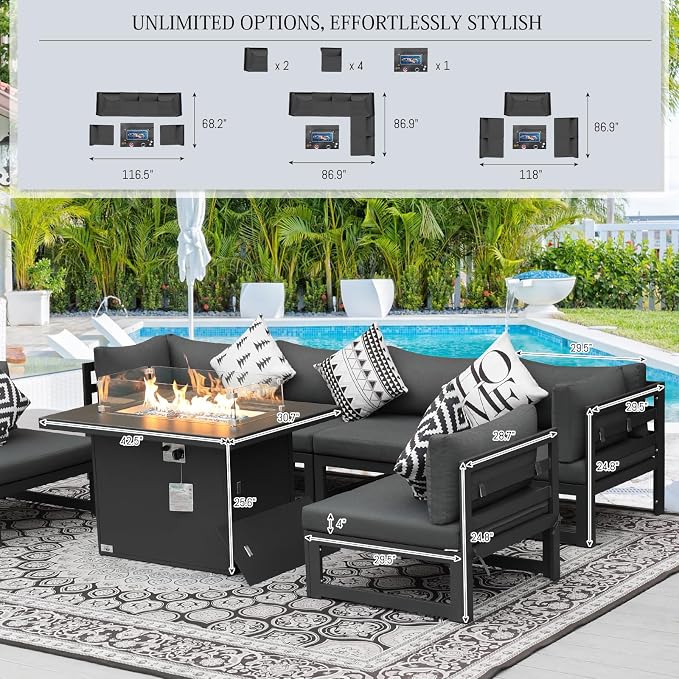 BULEXYARD 7 Pcs Modern Aluminum Patio Sectional Seating with Firepit Table, 500 lbs Heavy Duty Outdoor Furniture Set for Heavyweight, 29 inch Deep Wide Seating, Exterior Conversation Couch, Dark Gray