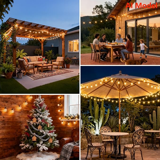 50 FT 2200K Outdoor String Lights,26 Plastic Edison Bulbs, E12 Base | G40 globe shatterproof bulbs, IP65 waterproof, dimmable LED, for backyard porch balcony party decor