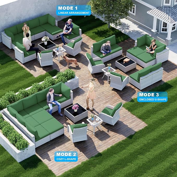 12-Piece Patio Furniture Set, Outdoor Patio Furniture with Swivel Chairs Set, Ottomans, Modular Patio Sofa, Dual-Strand Wicker Rattan, Rust-Resistant Frame, Dark Green