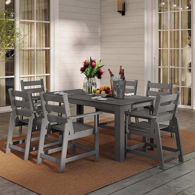 GREENVINES 7 Piece HDPE Outdoor Patio Dining Set, Removable Armrests, Gray