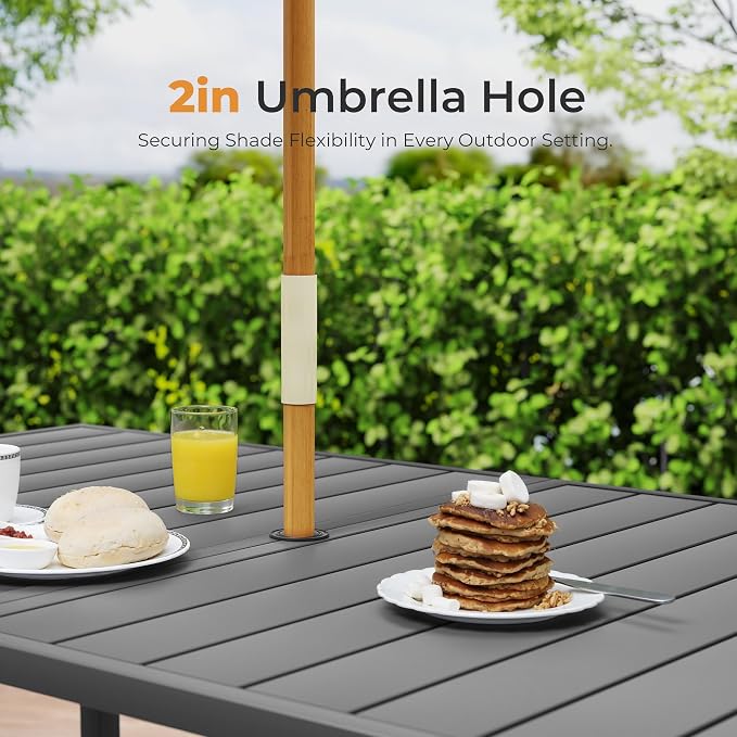 HAPPATIO Outdoor Patio Dining Set, 8 Quick Dry Textilene Dining Chairs and Dining Table with Umbrella Hole, Stackable Textilene Chairs for Garden, Patio and Poolside Backyard, Blue