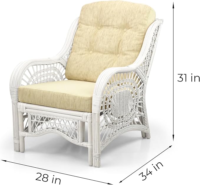 Malibu Lounge Set of 4: 2 Natural Rattan Wicker Chairs, Three-Seater Sofa with Cream Cushions and Coffee Table with Glass Handmade, White Color